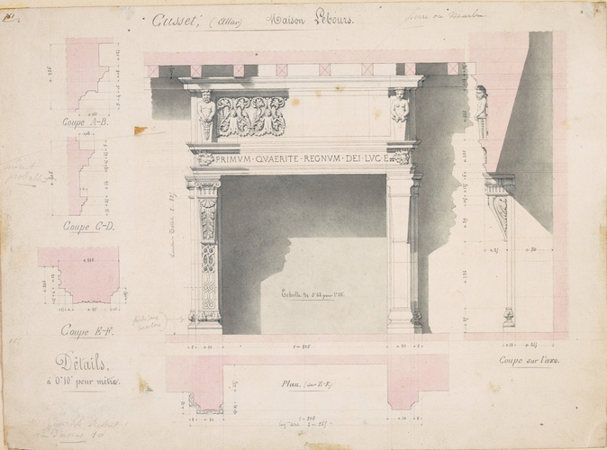 Victor Ruprich-Robert - Cusset, plan, élévation et coupe d'une cheminée, détail ...