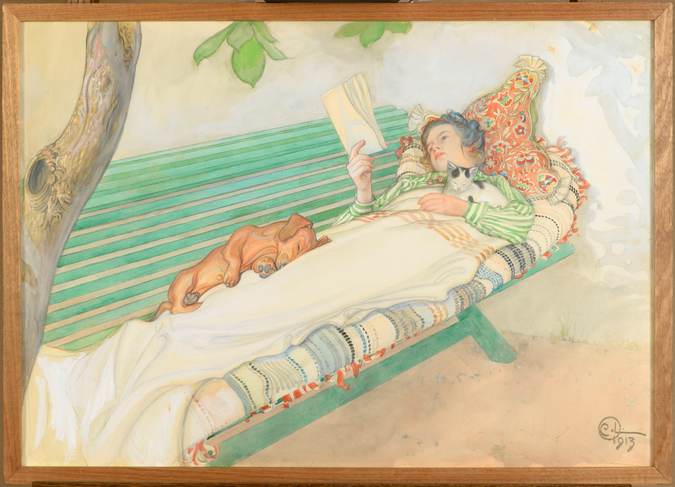 Carl Larsson - Jeune femme allongée sur un banc