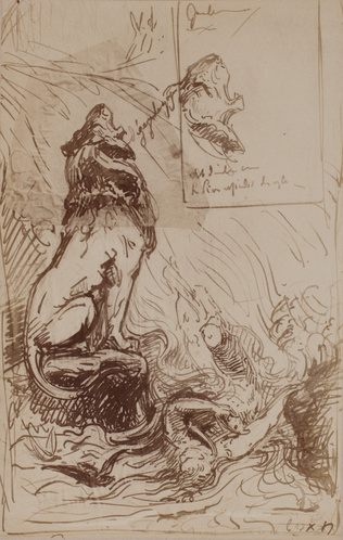 D. Freuler - Photographie d'une feuille de croquis de lion hurlant et personnage...