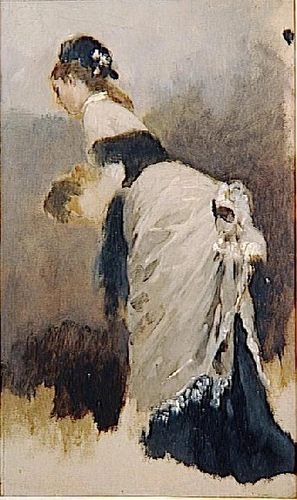 Jean Béraud - Jeune femme debout de profil à gauche à l'écharpe et au manchon