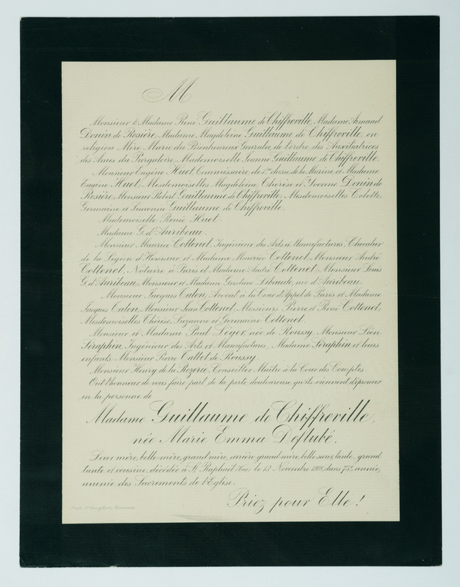 Anonyme - Faire-part de décès de Mme Guillaume de Chiffreville, 13 novembre 1908