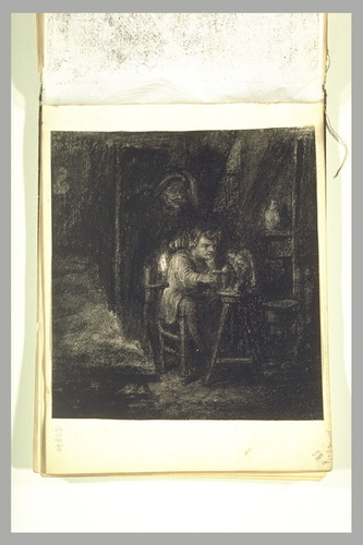 Guillaume Regamey - Dans un chambre en soupente, homme assis devant une chouette