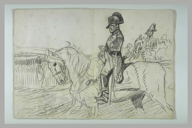 Caran d'Ache - L'empereur Napoléon Ier à cheval passant ses troupes en revue