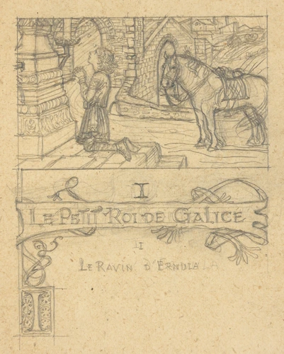 Chevalier priant, agenouillé au pied d'un édifice, sur le chemin, son cheval harnaché dans un encadrement ornemental, titre de chapitre dans un cartouche - Eugène Grasset