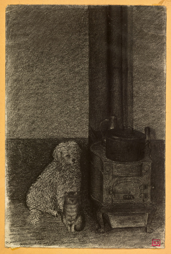 Léon Bonvin - Un caniche blanc et un chat près d'un poêle