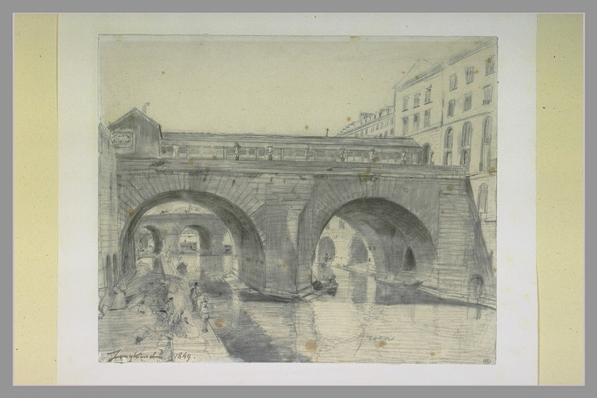 Johan Barthold Jongkind - Pont à deux arches d'une grande ville, avec des pêcheu...
