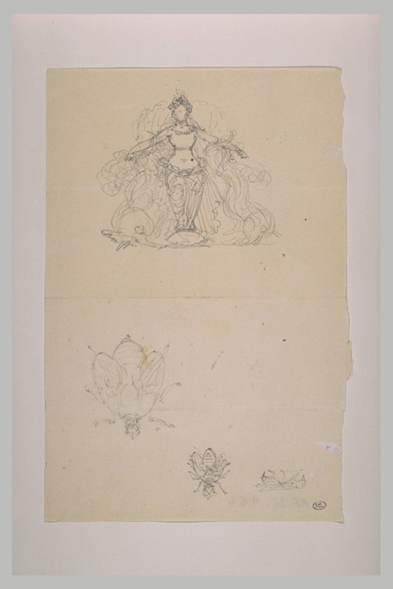 Eugène Guillaume - Figure féminine debout, de face, et trois études d'abeilles