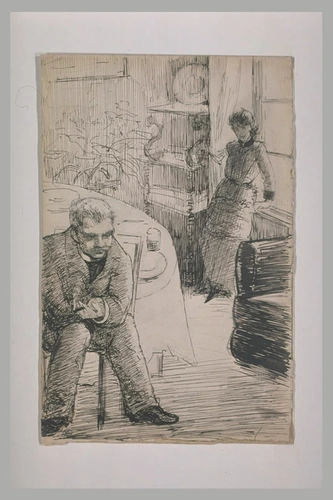 Louise Breslau - Intérieur d'une salle à manger : homme assis, et femme debout