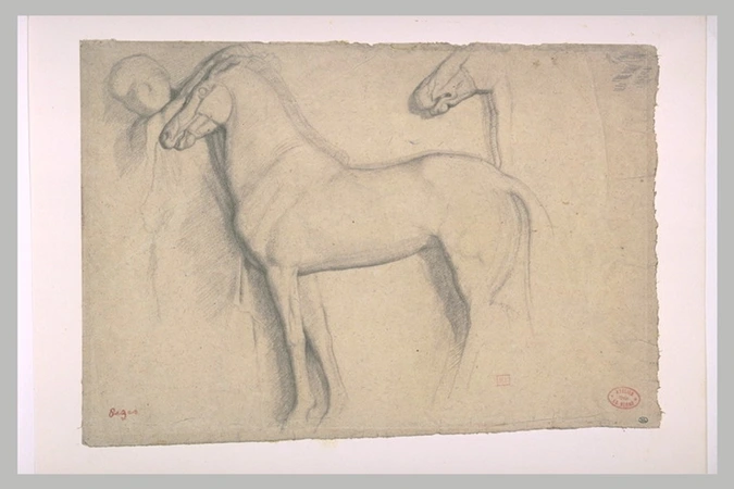 Edgar Degas - Deux chevaux de profil, vers la gauche, et figure
