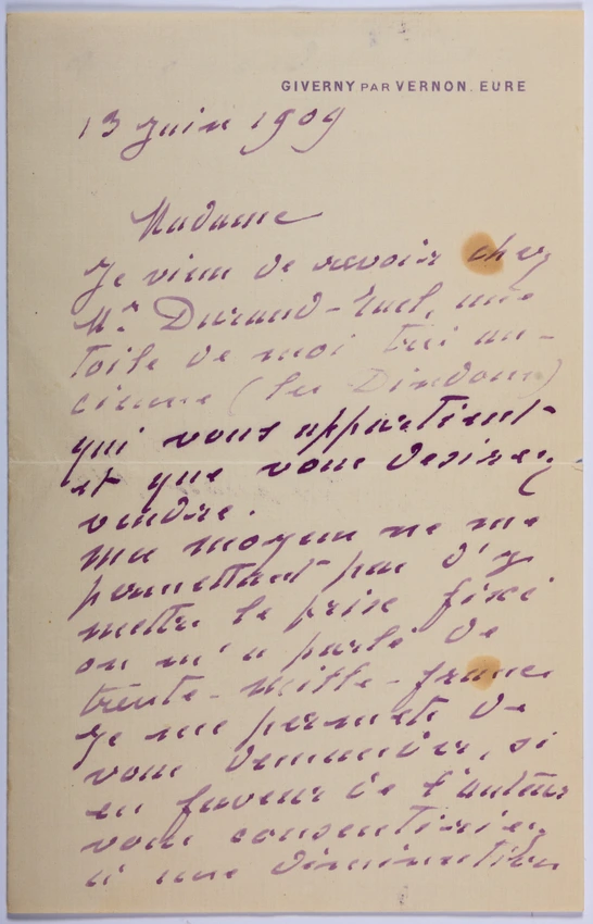 Lettre à Winnaretta Singer - Claude Monet