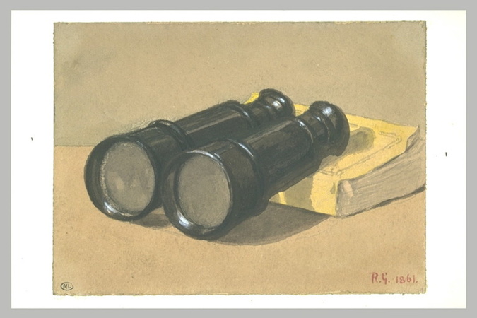 Guillaume Regamey - Nature morte : jumelles appuyées sur un livre