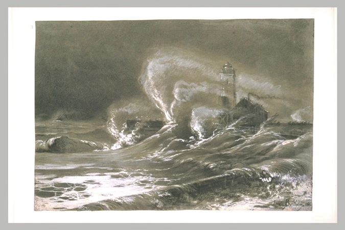 Eugène Berthelon - Un phare sur une île battue par une mer déchaînée