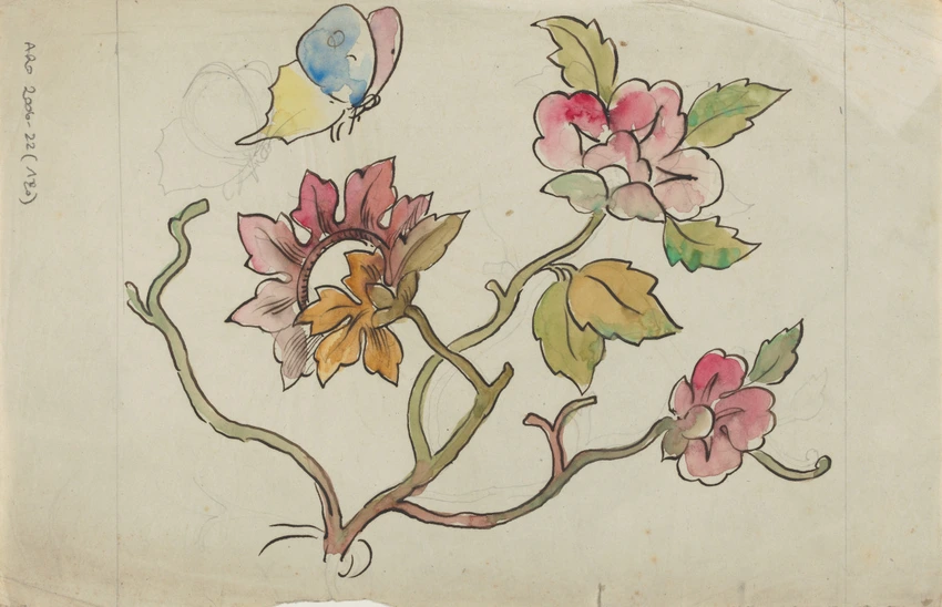 Etude de guirlande fleurie avec papillon - Claudius Popelin