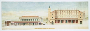 Restitution du forum de la ville antique de Timgad, coupe longitudinale restaurée, côté Est - Albert Ballu