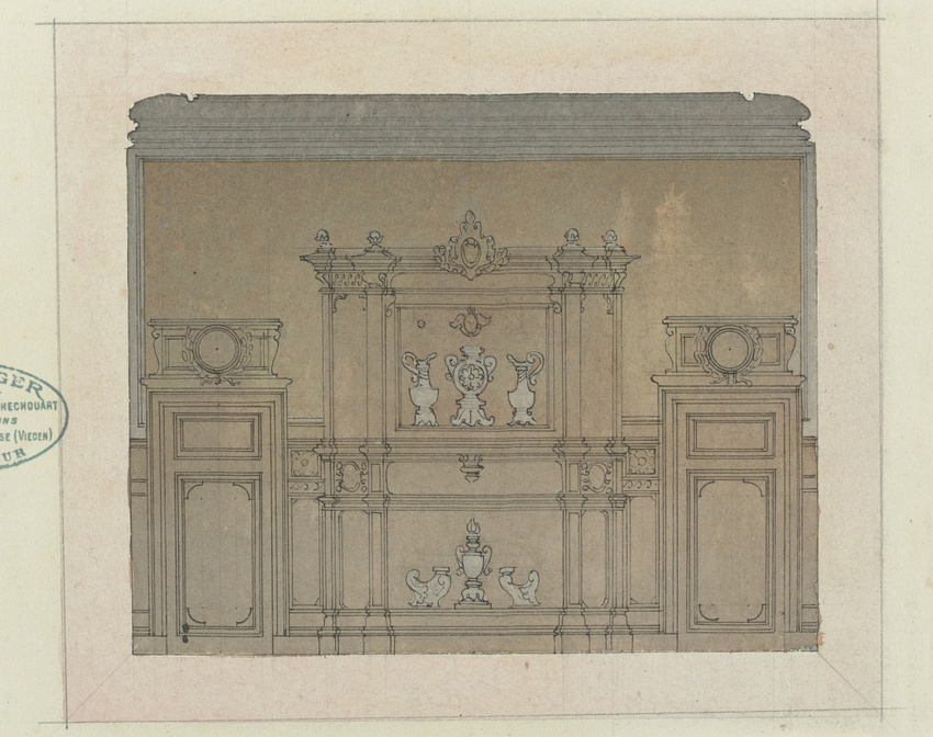Antoine Zoegger - Projet de salon avec un buffet dressoir garni de vases et d'ob...