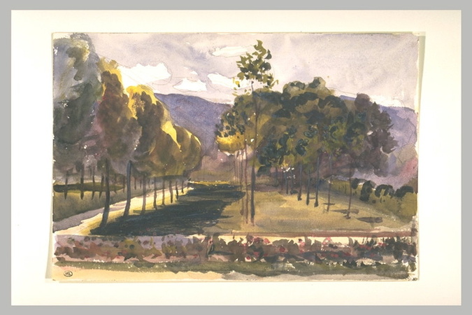 Paysage : jardin séparé par un mur d'une pelouse ombragée d'arbres