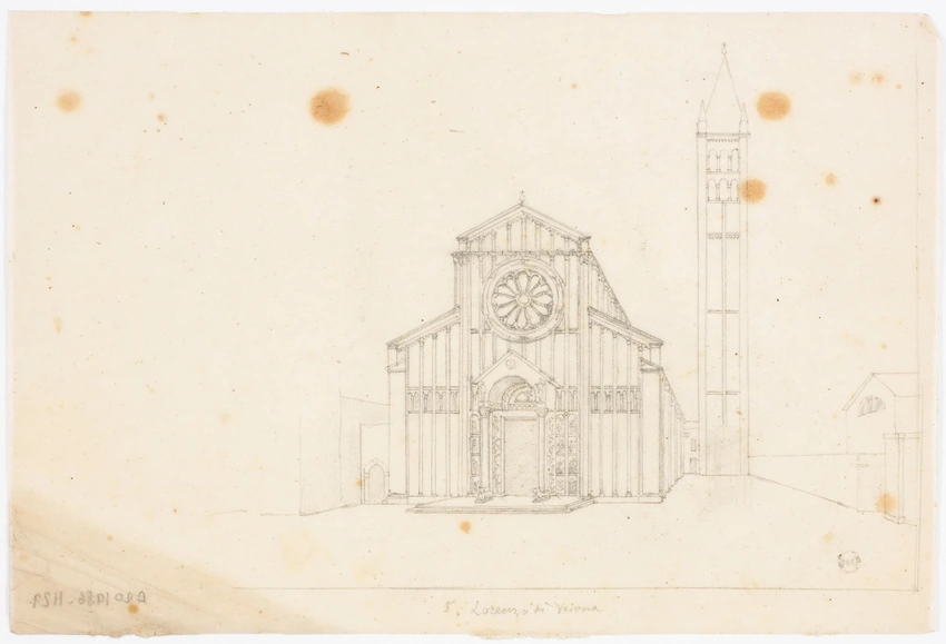 Eglise San Lorenzo à Vérone, vue perspective de la façade occidentale et du campanile - Alphonse Gosset