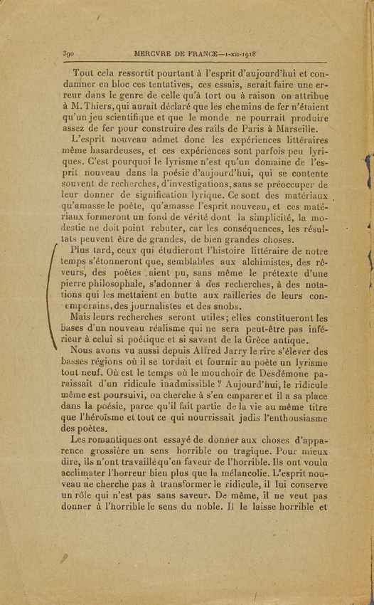 Guillaume Apollinaire - Mercure de France - I-XII-1918. p. 385 à 396, L'Esprit n...