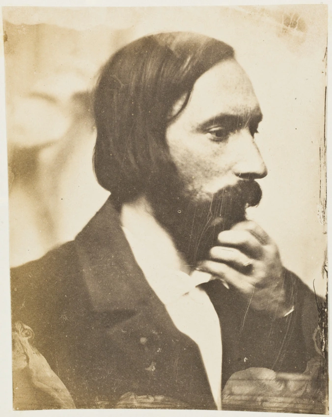 Autoportrait, la main au menton, avec la fin du texte manuscrit d'un poème, de la main d'Auguste Vacquerie - Auguste Vacquerie