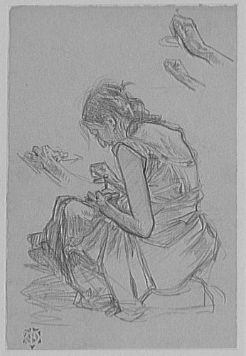 Eugène Grasset - Femme âgée en train de moudre du café, étude de mains
