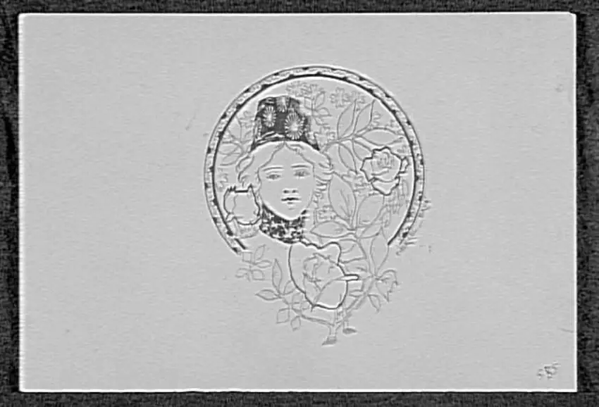 Motif décoratif dans un cercle, tête de jeune page entourée de fleurs - Pierre Brun