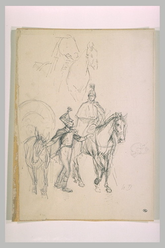 Henri Louis Dupray - Fantassin tenant un mulet, attelé à une voiture, et cuirass...