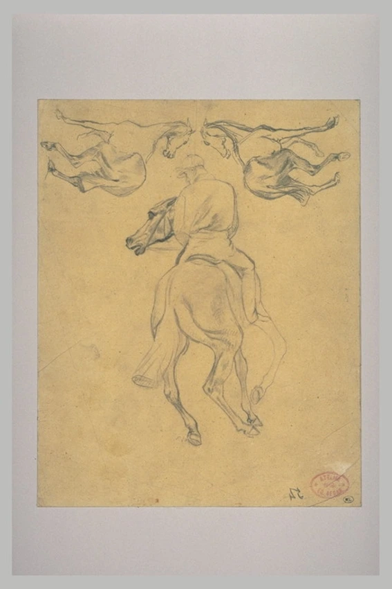 Edgar Degas - Jockey à cheval, vu de dos, et deux chevaux