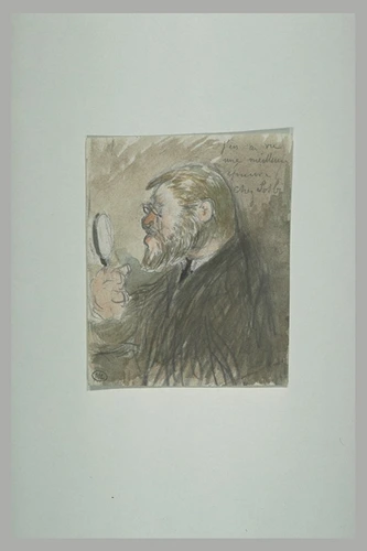 Paul Mathey - Personnage caricaturé, vu de profil, tenant une loupe