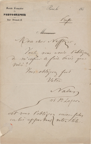 Nadar - Lettre manuscrite de Nadar, papier à l'en-tête de la Société Française d...