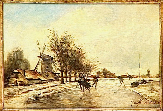 Johan Barthold Jongkind - Patineurs hollandais avec moulin à gauche