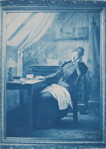 Femme assise dans l'atelier de l'artiste, tableau dans son cadre - Charles-François Jeandel