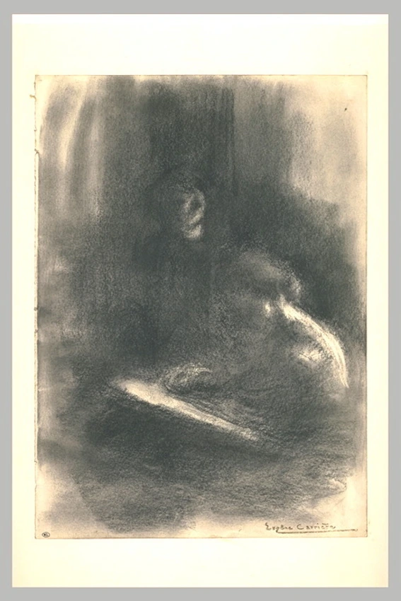 Eugène Carrière - Femme de trois quarts à gauche, en train de dessiner ou décrir...