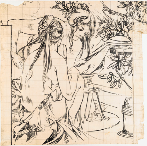 Alphonse Mucha - Deux jeunes filles accroupies près d'un trépied avec amphores