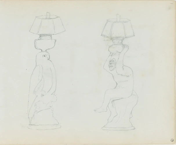Esquisses d'un perroquet et d'un singe, portant tous deux une lampe sur la tête - Georgiana Louisa Berkeley