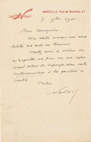 Nadar - Mot de Nadar sur son papier à lette "N quand même - Marseille, rue de No...