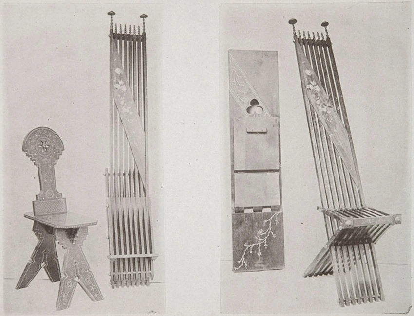 Anonyme - Trois héliogravures : trois chaises et un secrétaire de Carlo Bugatti