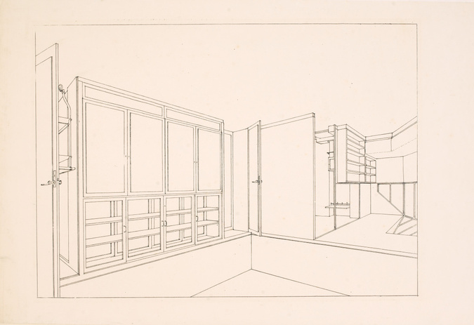Vue perspective d'une pièce comportant deux meubles-bibliothèques