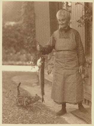 Charles Augustin Lhermitte - Femme agée présentant un gros poisson à un chat