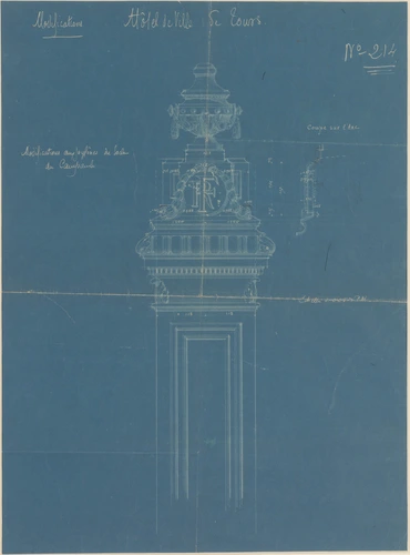 Victor Laloux - Hôtel de ville de Tours, campanile, élévation d'un pylône du soc...