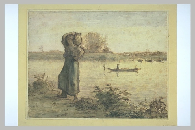 Jean-François Millet - Femme portant une cruche sur l'épaule et remontant la ber...