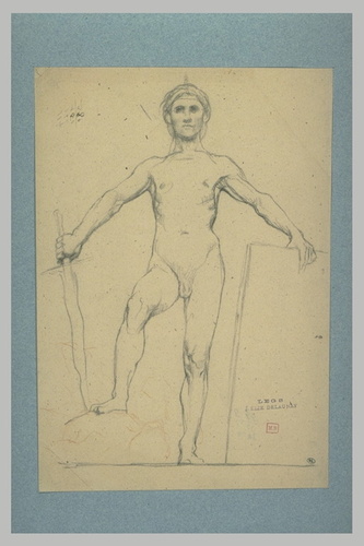 Elie Delaunay - Homme nu, debout, la main gauche posée sur une dalle de marbre