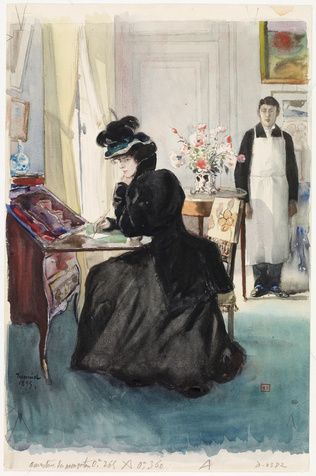 Pierre-Georges Jeanniot - Dans un salon, femme assise, écrivant sur la tablette ...