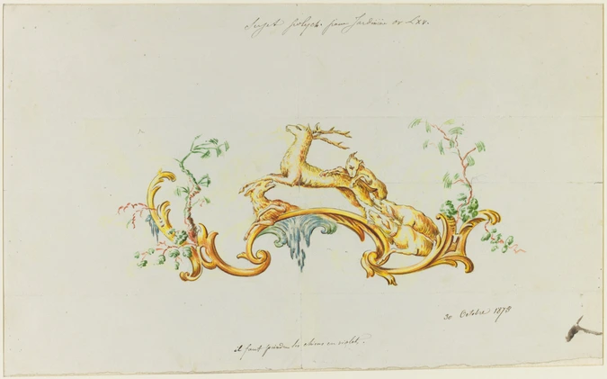 Modèle de décor pour une jardinière Louis XV en faience : dans un entourage rocaille, cerf attaqué par quatre chiens - Emile Gallé