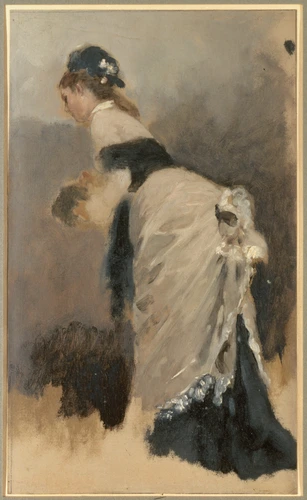 Jean Béraud - Jeune femme debout de profil à gauche à l'écharpe et au manchon
