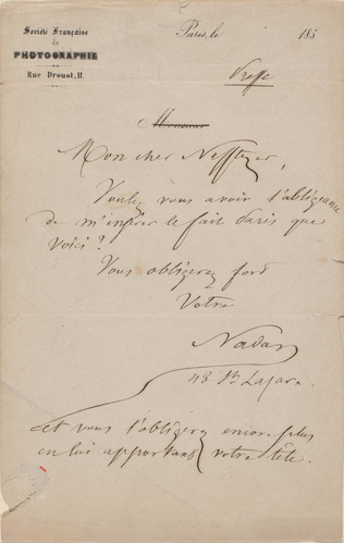 Nadar - Lettre manuscrite de Nadar, papier à l'en-tête de la Société Française d...