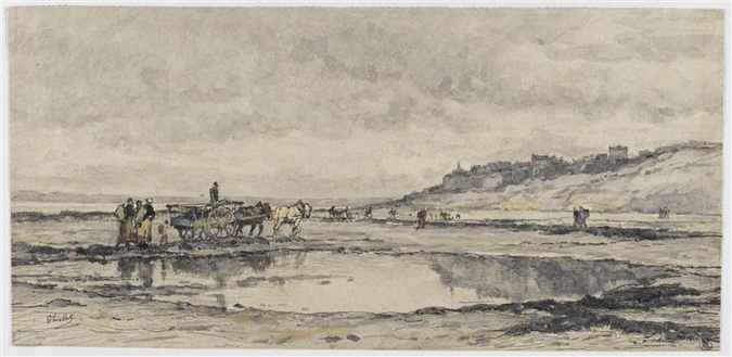 Alexandre Thiollet - Grève à marée basse animée par différentes figures