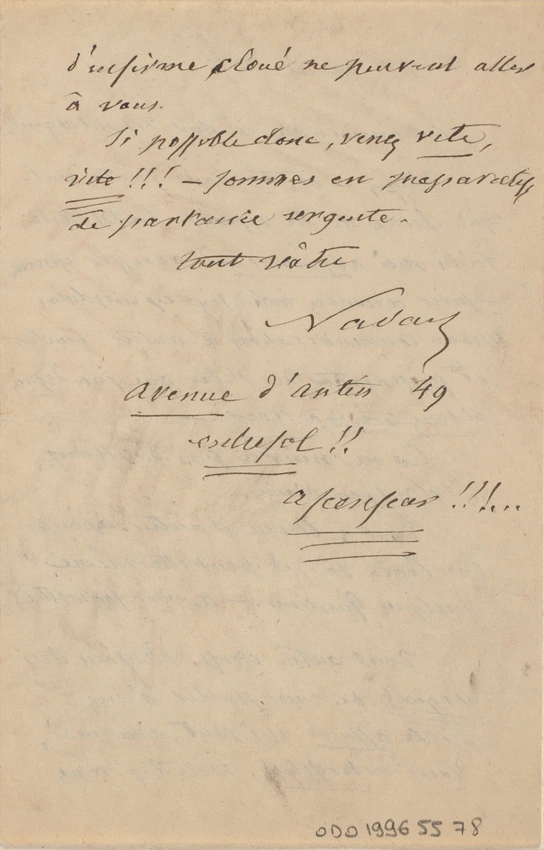 Nadar - Lettre de Félix Nadar adressée à Montorgueil (évoque "L'Intemédiaire")