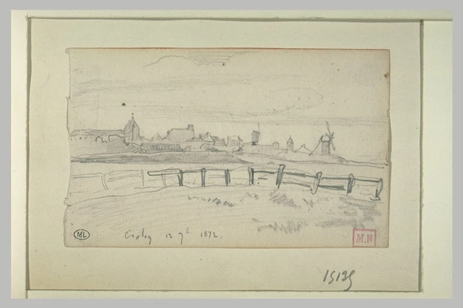 Félix Joseph Barrias - Paysage de rivière avec des moulins à vent