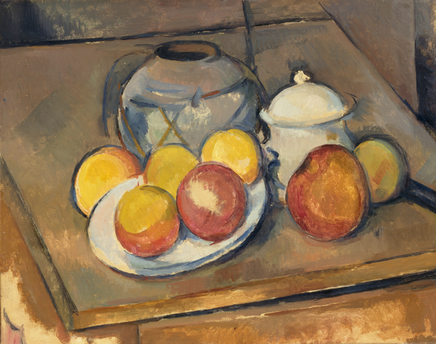 Paul Cézanne - Vase paillé, sucrier et pommes}