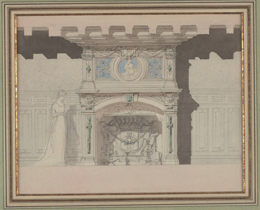 Eugène Viollet-le-Duc - Projet de cheminée gothique avec une femme debout sur la...